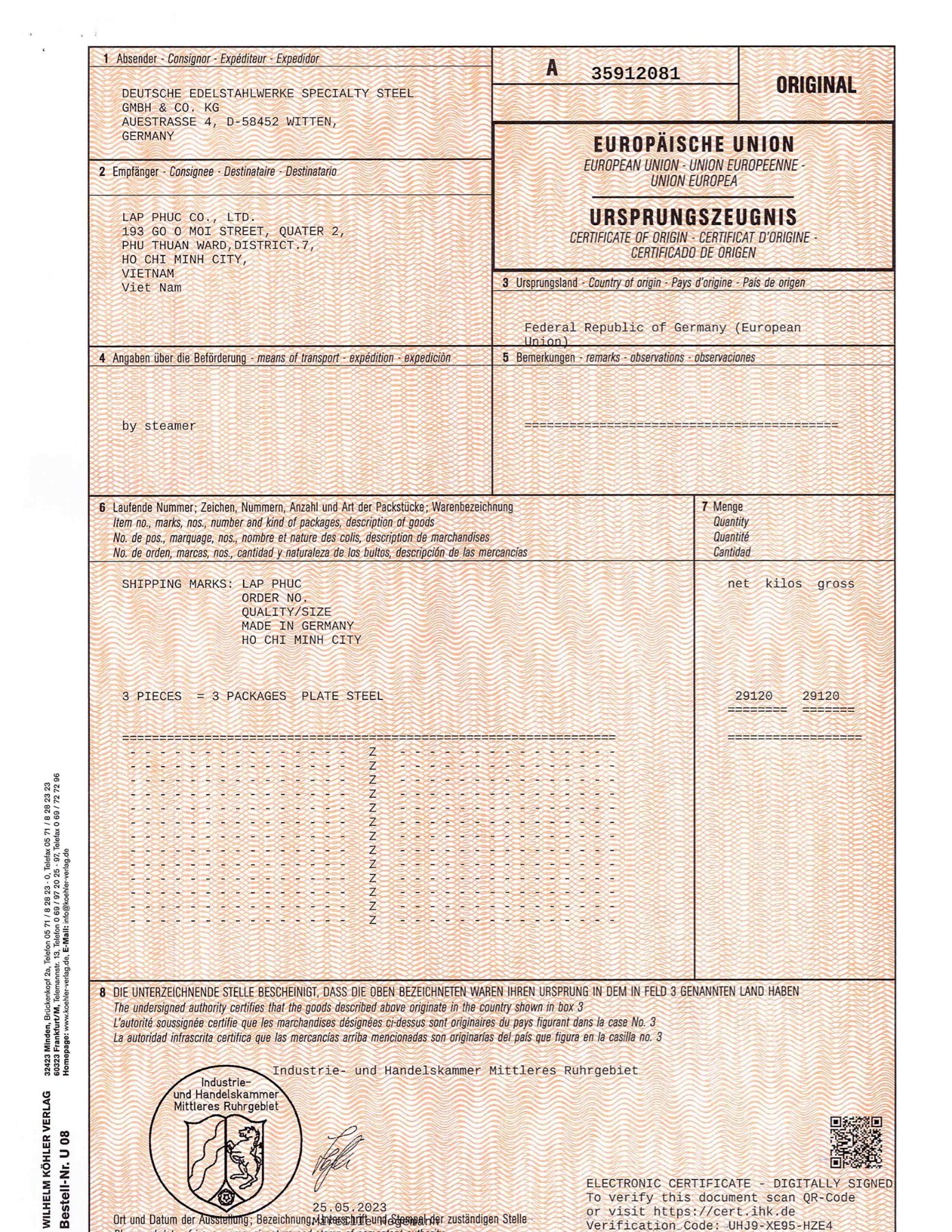 DEW certificate of origin