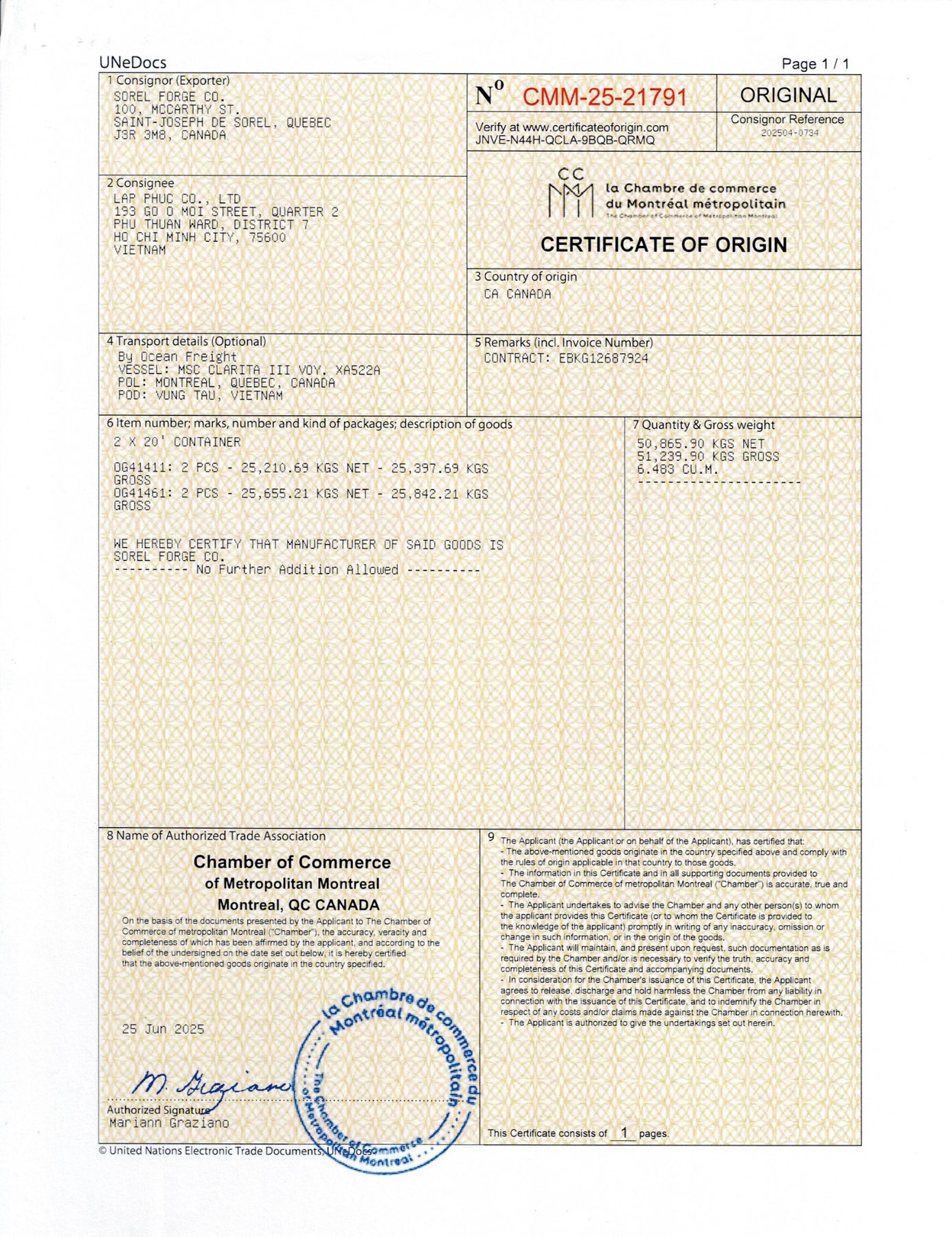 Finkl (Canada) certificate of origin