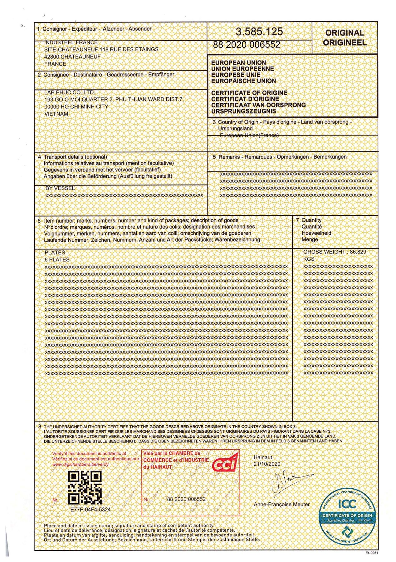 Industeel certificate of origin